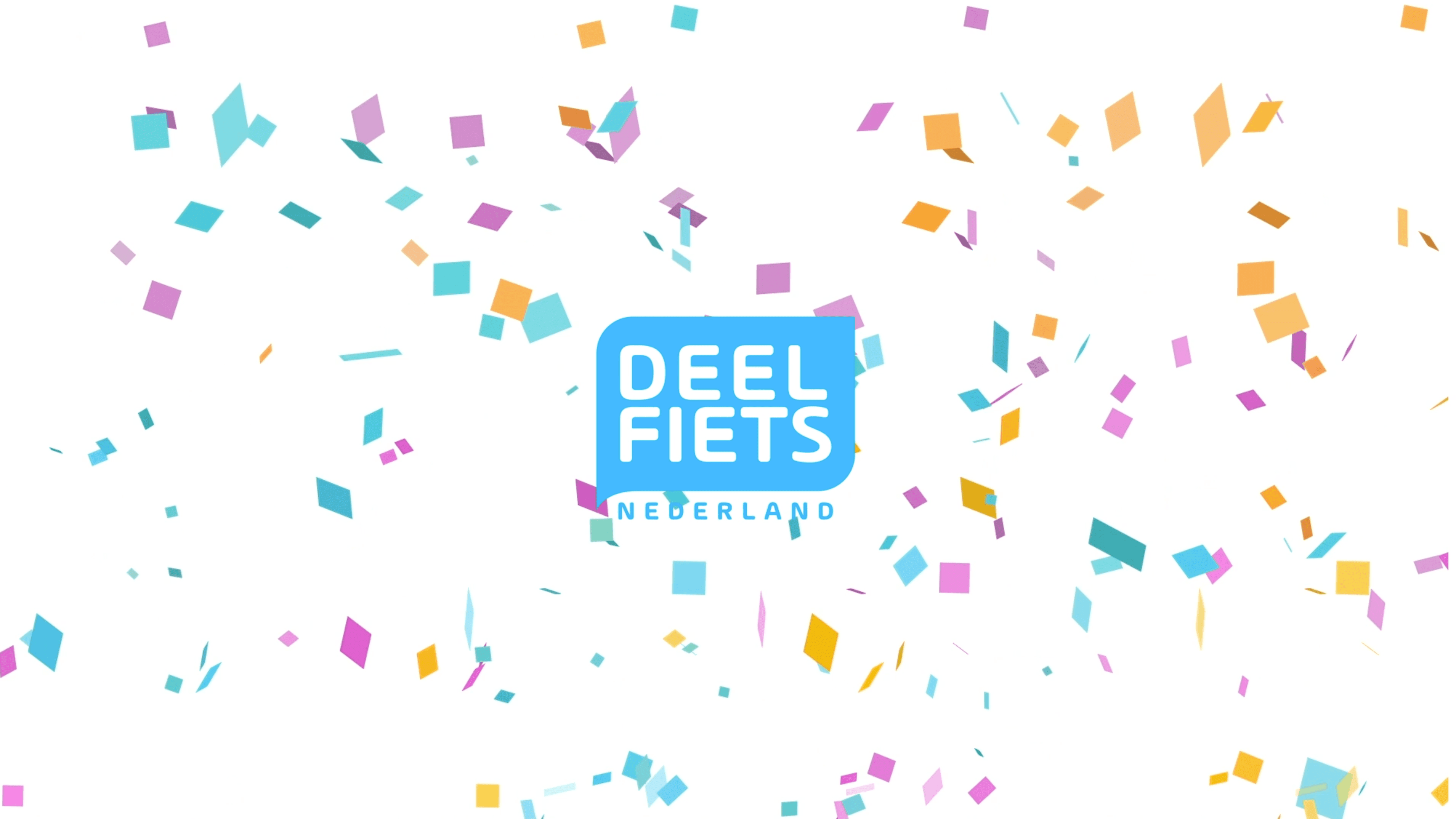 Het logo van Deelfiets Nederland met confetti, omdat Deelfiets Nederland 3 jaar oud is geworden